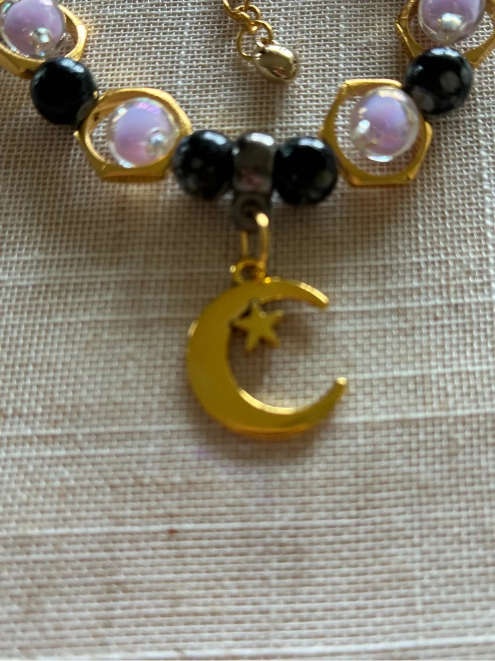 Handmade Gold-Tone Bracelet & Earrings Set with Lilac and Black